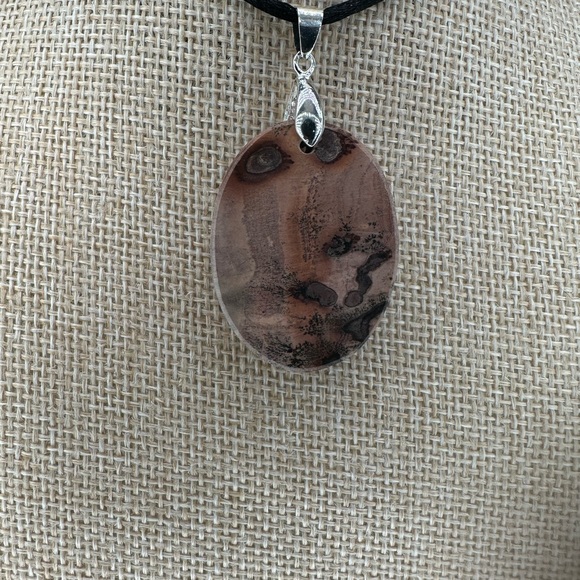 Oval Red Flower Picture Jasper Pendant on Black Satin Rope - Picture 3 of 13